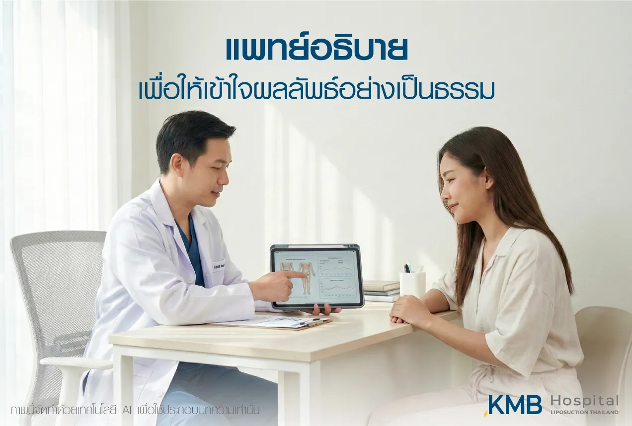 ภาพแพทย์ KMB Hospital อธิบายข้อจำกัดของผิวและชั้นไขมันแก่ผู้รับบริการ เพื่อช่วยให้เข้าใจโครงสร้างร่างกาย ความแตกต่างของผลลัพธ์ และวางแผนดูแลอย่างเป็นธรรมกับร่างกายของแต่ละบุคคล